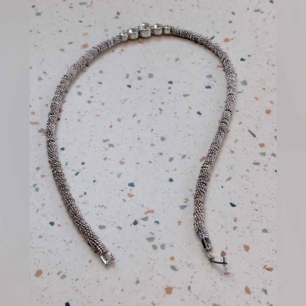 Choker Mesh Bead Silver‎ Tone Crystal Pendant Necklace